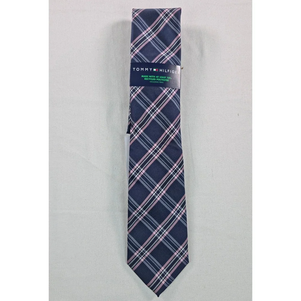 Tommy Hilfiger Mens Tie One Size Navy/Pink Twill Plaid Necktie Quiet Luxury NWT